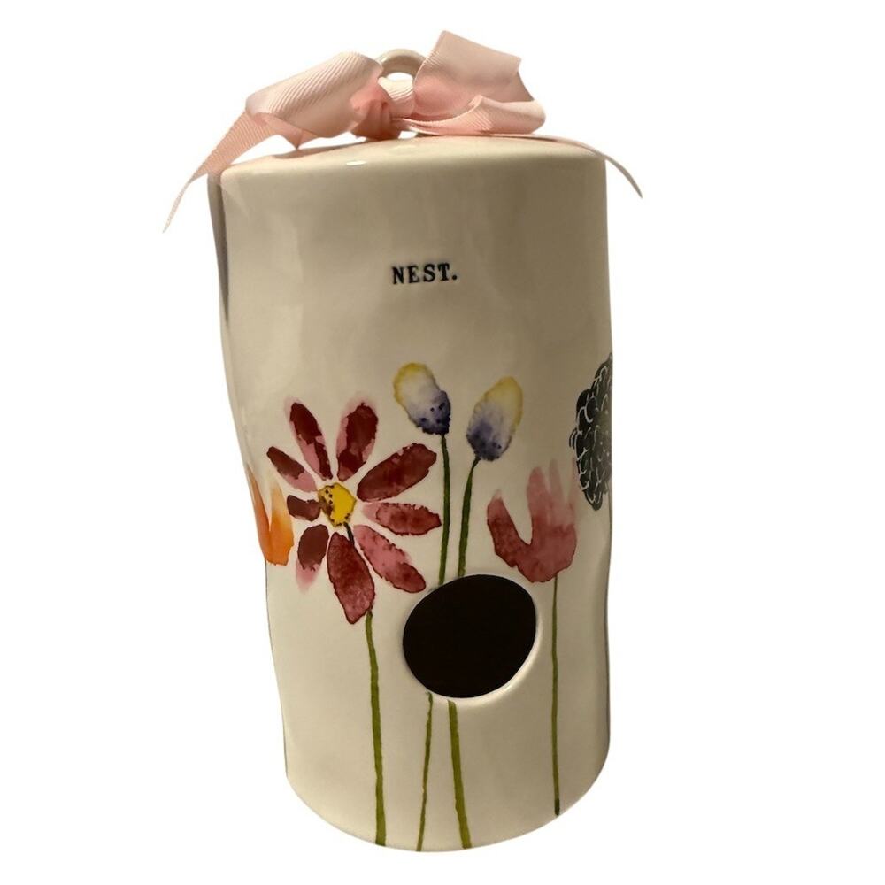 Rae Dunn NEST Hanging Bird House Multicolor Floral Pink Ribbon Farmhouse